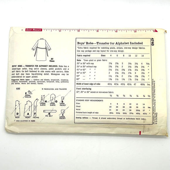 Simplicity Vintage 1960's Pattern #4740 Boys Robe Size 8 Chest 26 - Picture 6 of 6